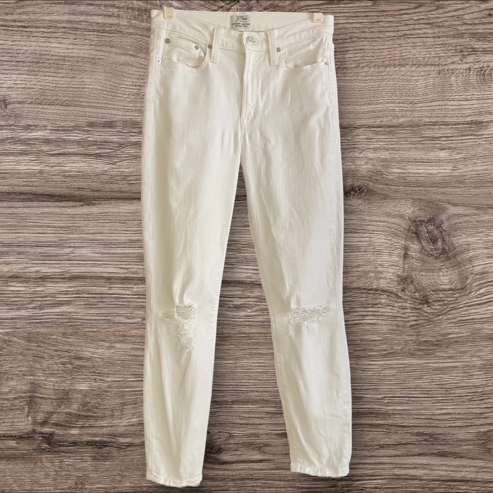 Crew Lookout High Rise Skinny Crop Jeans Cream Off White Distressed Raw Hem 27